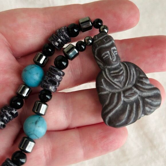 Buddha Beaded Black Puka Hematite Turquoise Howlite Unisex Choker Necklace - Picture 2 of 5